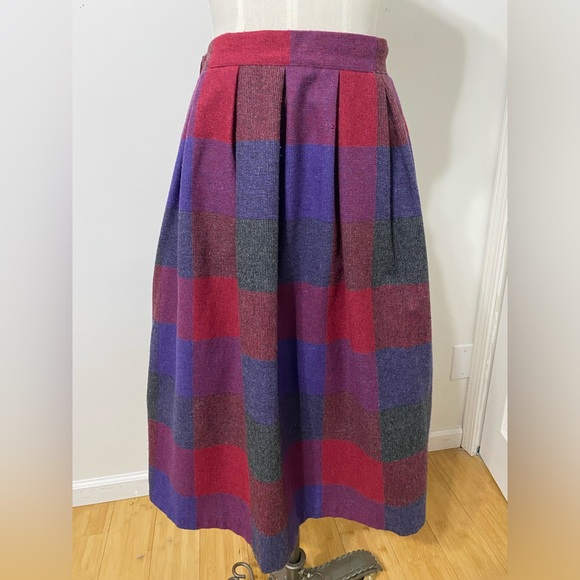 American Vintage Dresses & Skirts - VINTAGE 1970’s Plaid Wool Pleated Midi Skirt Jewel Tone Red Purple Size SMALL